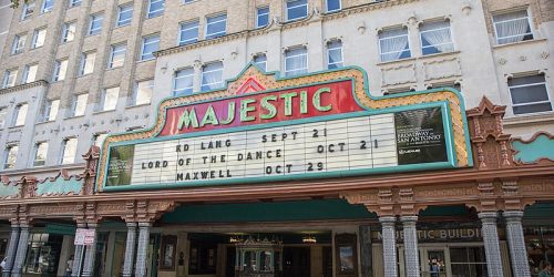 Majestic Theatre exterior photo showing the ornate awaning and the several floors of windows above